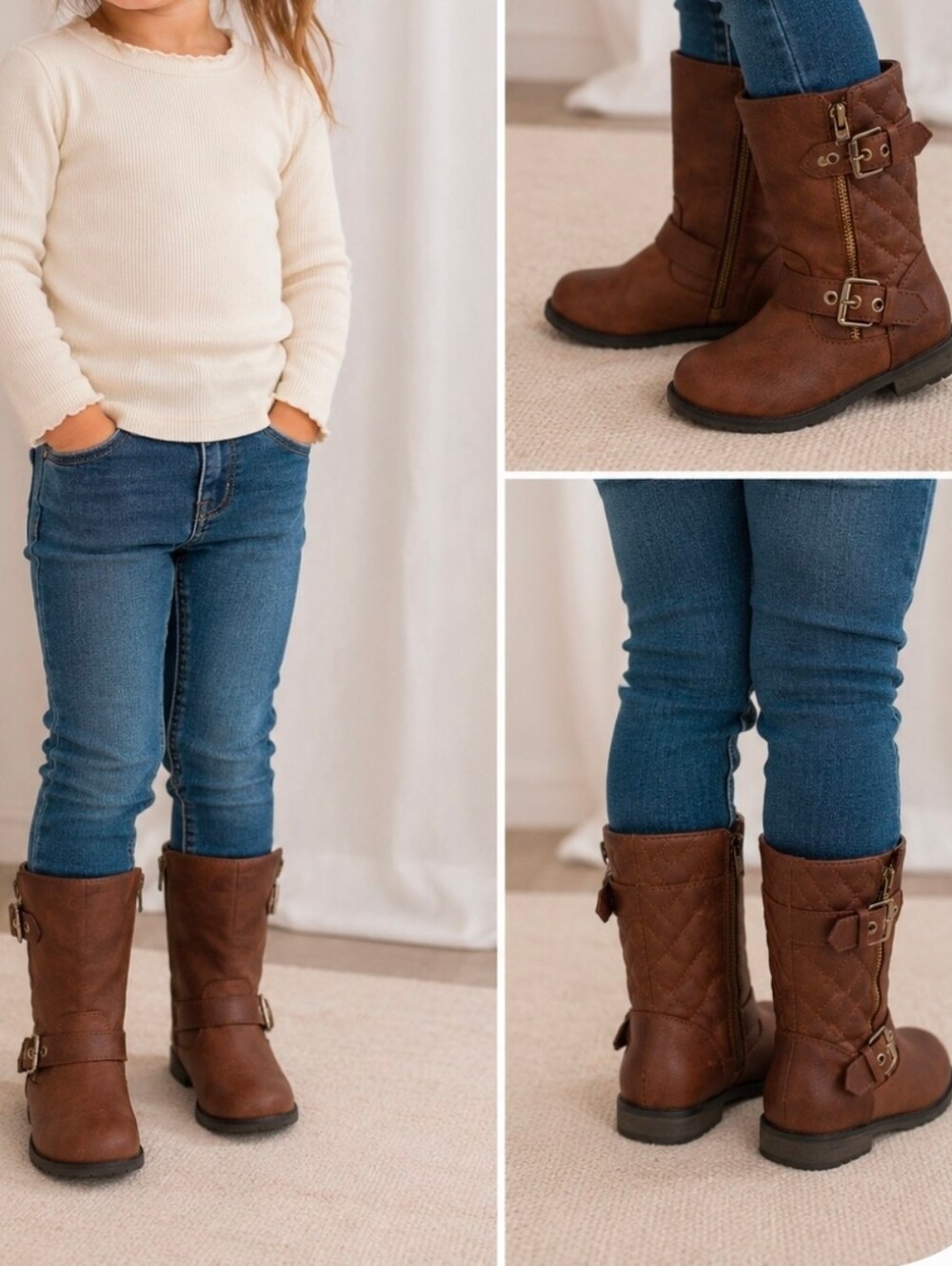 Link Toddler Girls Brown Quilted Moto Riding Boots Side Zip- Size 5